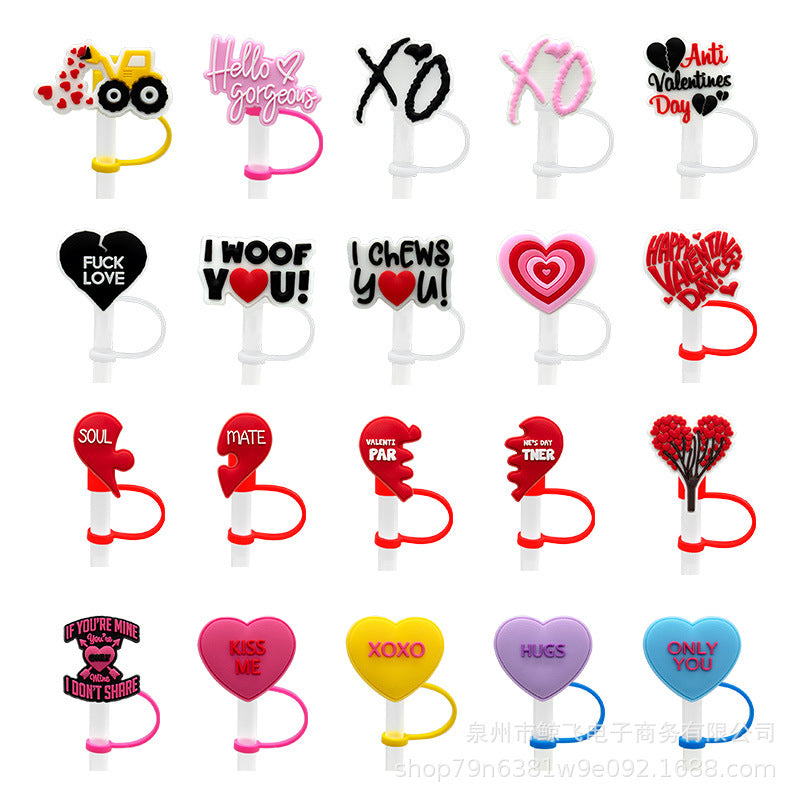 Wholesale Valentine's Day Love Silicone Straw Cap Cute Sweetheart Cartoon Straw Decorative Lid Straw Plug Straw Sleeve Straw Holder